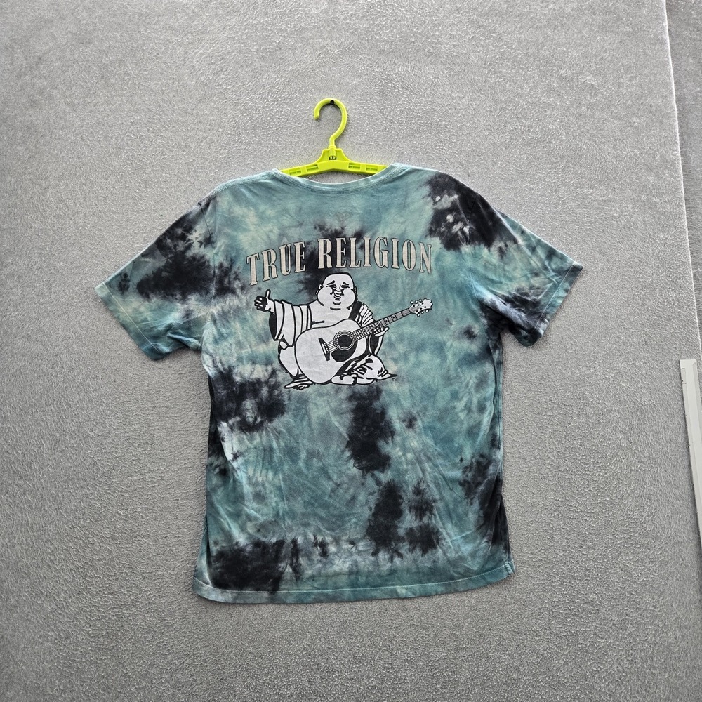 True Religion Men Shirt L/G Green Tie Dye Buddha Guitar Logo Short Sleeve